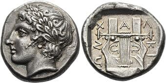 Macedonia, Olynthus The Chalcidian League. Tetradrachm circa 382-279, AR 27 mm, 17.18 g. Laureate head of Apollo l....
