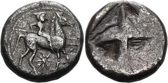Macedonia, Potideia Tetradrachm circa 525-500, AR 25 mm, 16.59 g. Poseidon Hippios, advancing r. on horseback, holding...