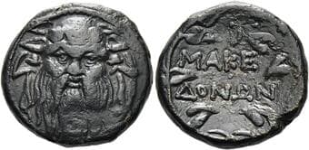 Macedonia, under the Romans Unit, Thessalonica circa 142-141, Æ 21 mm, 8.17 g. Head of Silenus facing, wearing ivy...