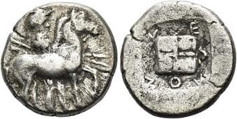 Thraco-Macedonian tribes, Bisaltae Mosses, circa 480. Drachm circa 480, AR 16 mm, 3.36 g. Horse and horseman, wearing...