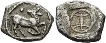 Thraco-Macedonian tribes, the Ichnai Diobol circa 500, AR 11 mm, 1.06 g. Bull reclining r., head turned back; above,...