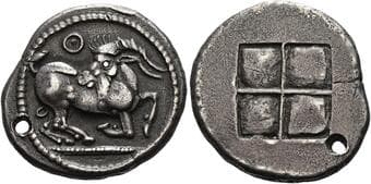Thraco-Macedonian tribes, Mygdones or Krestones Stater circa 480-470, AR 24 mm, 9.16 g. Goat kneeling r., head...