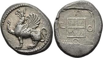 Thrace, Abdera Tetradrachm, magistrate Pytheos circa 473-448, AR 26 mm, 14.46 g. Griffin seated l., raising right...