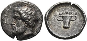 Thrace, Cypsela Trihemiobol circa 384-359, AR 10 mm, 0.85 g. Bearded head of Kotys l. Rev. ΚΟΤΥΟΣ Two-handled...