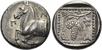 Thrace, Maroneia Tetrobol, magistrate Pl– circa 377-365, AR 15 mm, 2.96 g. Forepart of horse l.; in field, Π...