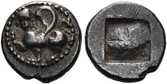 Islands off Thrace, Samothrace Obol circa 500-465, AR 10 mm, 0.97 g. Sphinx seated l., raising forepaw. Rev....
