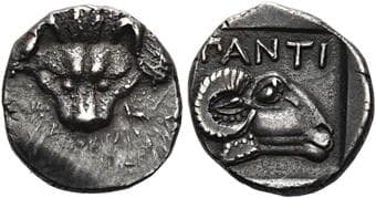 Tauric Chersonesus, Panticapaeum Diobol circa 390-380, AR 13 mm, 1.42 g. Facing lion's head. Rev. ΠΑΝΤΙ Head of...