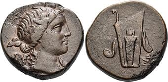 Tauric Chersonesus, Panticapaeum Bronze circa 97-65, Æ 27 mm, 20.82 g. Head of Dionysus r., wearing ivy wreath. Rev....