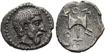 Kingdom of Thrace. Metokos, circa 405 – 391 Diobol circa 405-391, AR 10 mm, 0.78 g. Bearded male head r. Rev. MHTOKO...