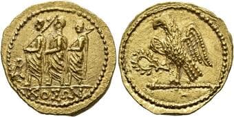 Kings of Scythians. Koson, 50 – 25 Stater, Olbia 50-25, AV 21 mm, 8.41 g. ΚΟΣΩΝ Roman consul accompanied by two...