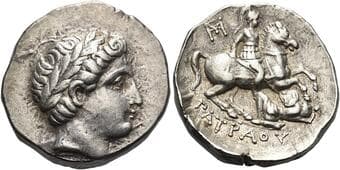 Kings of Paeonia. Patraus, 335–315 Tetradrachm, Damastaion circa 335-315, AR 24 mm, 12.92 g. Laureate head of...