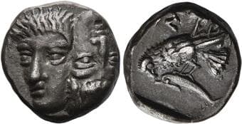 Moesia, Istrus Drachm circa 420-390, AR 17 mm, 6.95 g. Two young male head facing side by side, one upright, the other...