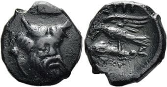 Moesia, Istrus Bronze circa 350-300, Æ 13 mm, 1.85 g. Horned and bearded head of river god Istros, three-quarters...