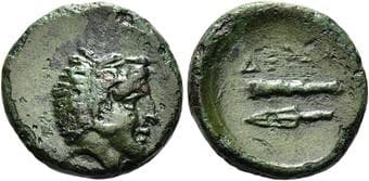 Thessaly, Kings of Elimiotis. Derdas II, circa 380 Chalkous circa 380, Æ 15 mm, 2.81 g. Head of young Herakles r.,...