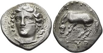 Thessaly, Gyrton Hemidrachm circa 350-300, AR 16 mm, 2.57 g. Head of nymph Gyrtona three-quarters facing l. Rev....