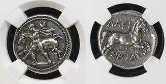Thessaly, Larissa Drachm circa 450-420, AR 20 mm, 6.29 g. Thessalos, with chlamys and petasus over shoulders, holding...