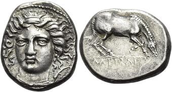 Thessaly, Larissa Drachm circa 400-370, AR 16 mm, 6.1 g. Facing head of nymph, with small dolphin r. Ref....