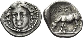 Thessaly, Larissa Obol circa 369-340, AR 12 mm, 0.95 g. Head of the nymph Larissa three-quarter facing l. Rev....