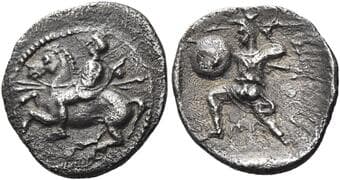 Thessaly, Pelinna Trihemiobol last quarter V century BC , AR 15 mm, 1.34 g. Thessalian cavalryman on horse prancing l.,...
