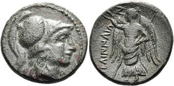 Thessaly, Pelinna Trichalkon circa 220-180, Æ 22 mm, 7 g. Head of Athena r. wearing crested Corinthian helmet. Rev....