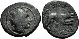Thessaly, Phaloria Dichalkon circa III century BC, Æ 20 mm, 4.21 g. Head of nymph r. Rev. ΦAΛOPIA – ΣΣTAN Wolf...