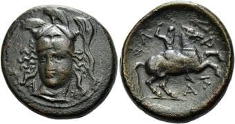 Thessaly, Pharsalus Trichalkon circa 300-200, Æ 23 mm, 9.57 g. Helmeted head of Athena facing, turned slightly to l.;...