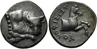 Thessaly, Pherai Teisiphon tyrant, 358-353. Chalkous circa 358-353, Æ 15 mm, 2.11 g. Bull forepart r., beaded...