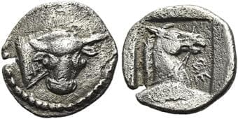 Thessaly, Pherai Obol circa 450, AR 11 mm, 0.84 g. Head and neck of bull to r. Rev. Θ-E Bridled horse's head and neck...