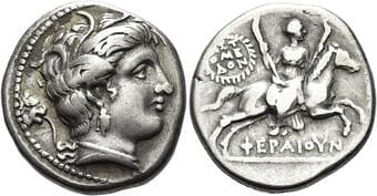 Thessaly, Pherai Stater circa 279-220, AR 24 mm, 12.03 g. Head of the nymph Hypereia r., wearing pearl necklace,...