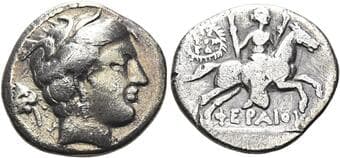 Thessaly, Pherai Drachm early III century BC, Æ 19 mm, 4.78 g. Head of the nymph Hypereia r., wearing triple-pendant...