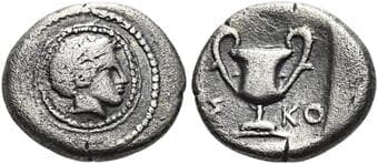 Thessaly, Scotussa Trihemiobol circa 425-400, AR 11 mm, 1.09 g. Young male head r., laureate, on a shield with its...