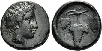 Thessaly, Scotussa Dichalkon early-mid IV century BC, Æ 16 mm, 3.72 g. Head of young Dionysus r., wreathed with ivy....