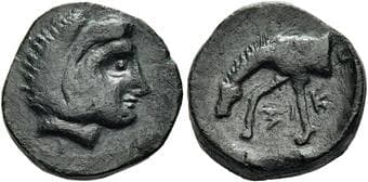 Thessaly, Scotussa Chalkous early-mid IV century BC, Æ 14 mm, 2.87 g. Head of young Heracles r. wearing lion's skin...