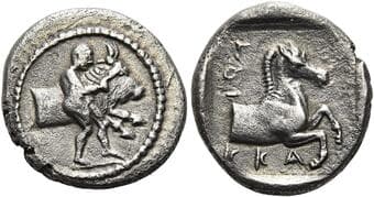 Thessaly, Tricca Hemidrachm circa 450-400, AR 15 mm, 2.63 g. Youthful hero, Thessalos, naked but for cloak and petasos...