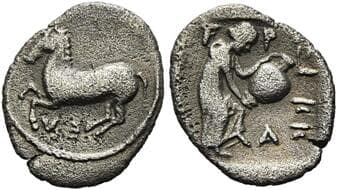 Thessaly, Tricca Obol circa 450-400, AR 10.5 mm, 0.67 g. VE-E retrograde Free horse prancing l. Rev. T-P-I-KK The nymph...