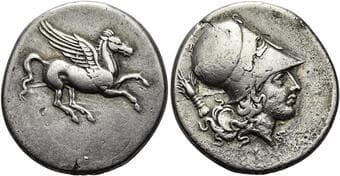 Epirus, Astacus Stater circa 345, AR 23 mm, 8.32 g. Pegasus flying r. Rev. Head of Athena r., wearing Corinthian...