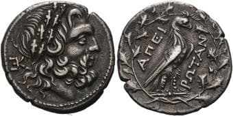 Epirus, Epeirote league Drachm circa 232-168, AR 21 mm, 4.91 g. Head of Zeus r., wreathed with oak; in l. field,...