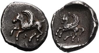 Acarnania, Leucas Diobol circa 440-400, AR 11 mm, 0.91 g. Pegasus flying l.; below, Λ. Rev. Pegasus prancing l.;...
