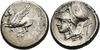 Acarnania, Leucas Stater circa 320-280, AR 21 mm, 8.36 g. Pegasus flying l.; below, Λ. Rev. Head of Athena l.,...