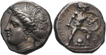 Locris, Locri Opuntii Stater early 360's, AR 22 mm, 12.02 g. Head of Demeter l., wreathed with three wheat leaves and...