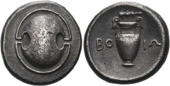 Boeotia, Federal coinage Stater circa 395-387, AR 24 mm, 12.05 g. Boeotian shield. Rev. BO-IΩ Amphora; above, club...