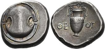 Boeotia, Thebes Stater, magistrate Theog- circa 364-348, AR 21 mm, 12.15 g. Boeotian shield. Rev. ΘE-OΓ Amphora;...