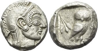 Attica, Athens Tetradrachm circa 500-480, AR 22 mm, 17.44 g. Archaic helmeted head of Athena r. Rev. ΑΘΕ owl...