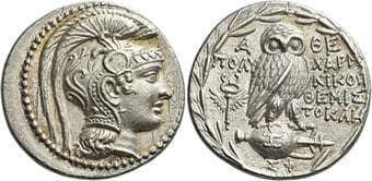 Attica, Athens Tetradrachm, magistrates Polycharmos / Nikog- / Protim- circa 133-132, AR 30 mm, 16.95 g. Head of Athena...