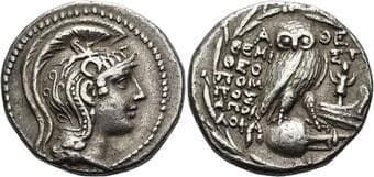 Attica, Athens Tetradrachm, magistrates Themistokles, Theo, Apollopha circa 117-116, AR 28 mm, 16.71 g. Head of Athena...