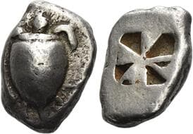 Aegina, Aegina Drachm circa 525-480, AR 13 mm, 6.12 g. Sea turtle. Rev. Incuse square with mill-sail pattern. Meadows,...