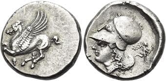 Corinthia, Corinth Stater circa 375-300, AR 22 mm, 8.56 g. Pegasus flying l.; below, koppa. Rev. Head of Athena l.,...