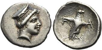 Elis, Olympia Obol circa 352-348, AR 13 mm, 0.95 g. Head of Hera r., wearing stephane. Rev. F – A Eagle standing r.,...