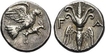 Elis, Olympia Drachm circa 244-208 (134-143 Olympiads), AR 19 mm, 4.73 g. Eagle flying r., tearing at hare held in...
