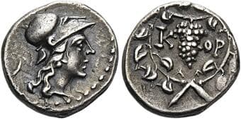Messenia, Korone Triobol circa 90-50, AR 14 mm, 2.49 g. Helmeted head of Athena r. Rev. K-OP Bunch of grapes; all...